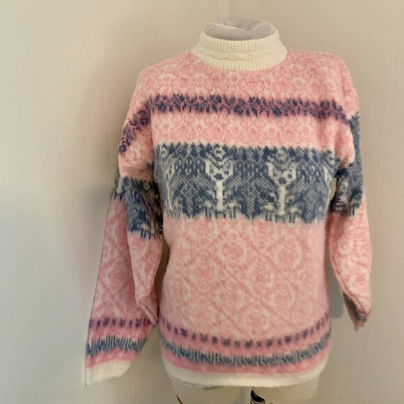 VTG 80s 90s Pastel Pink Spunky Crewneck Knit Sweater Turtleneck Cosby Snowflake - Picture 4 of 15